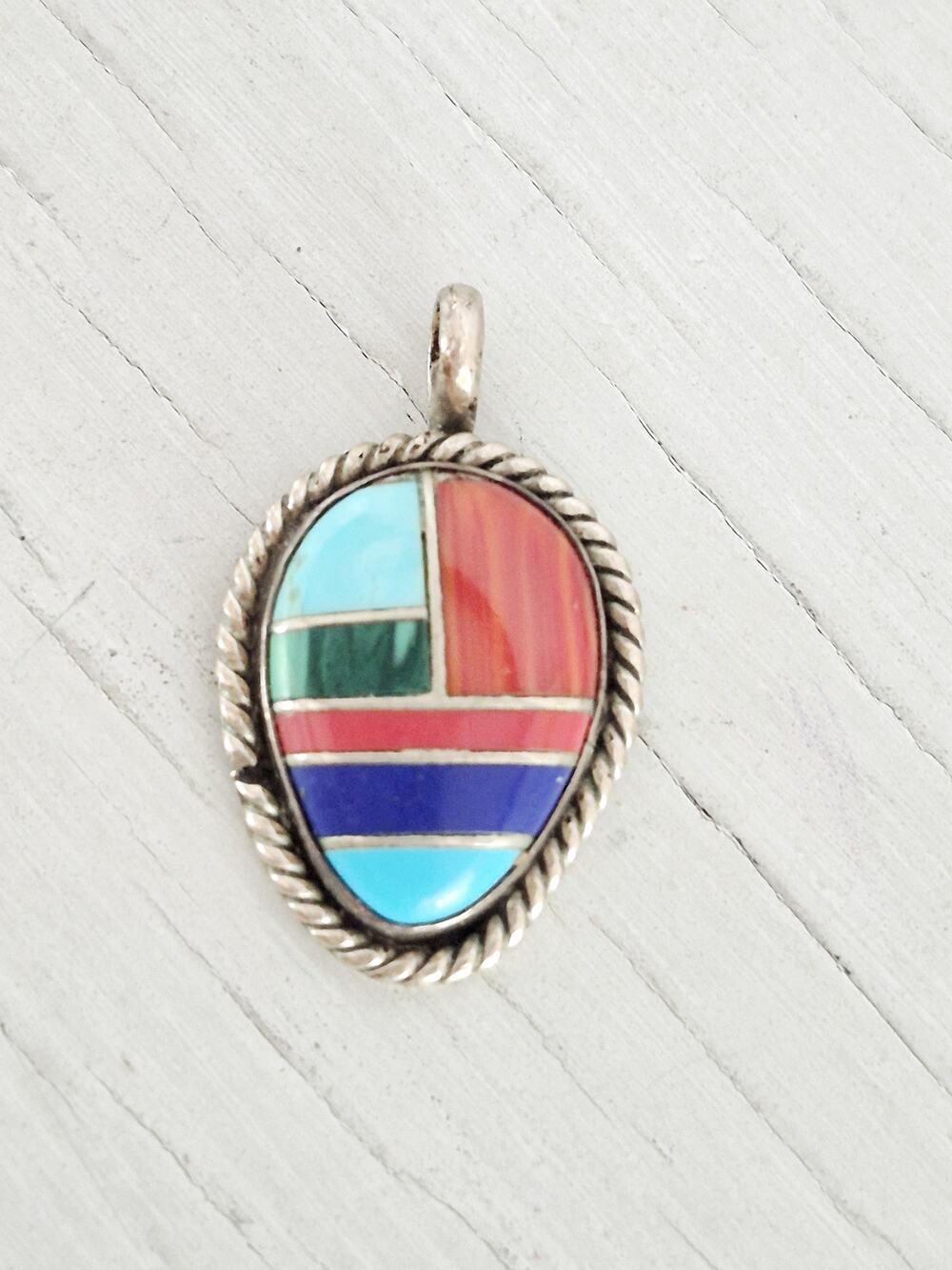 Vintage Sterling Silver NA Inlay Turquoise Coral Malachite Lapis Pendant